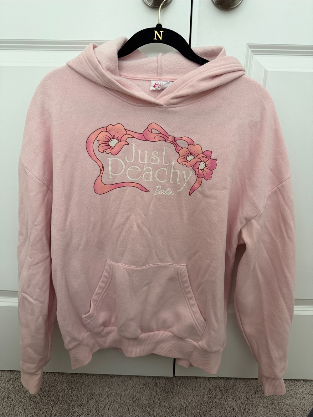 Women's Pink Hoodie with 'Just Peachy' Graphic